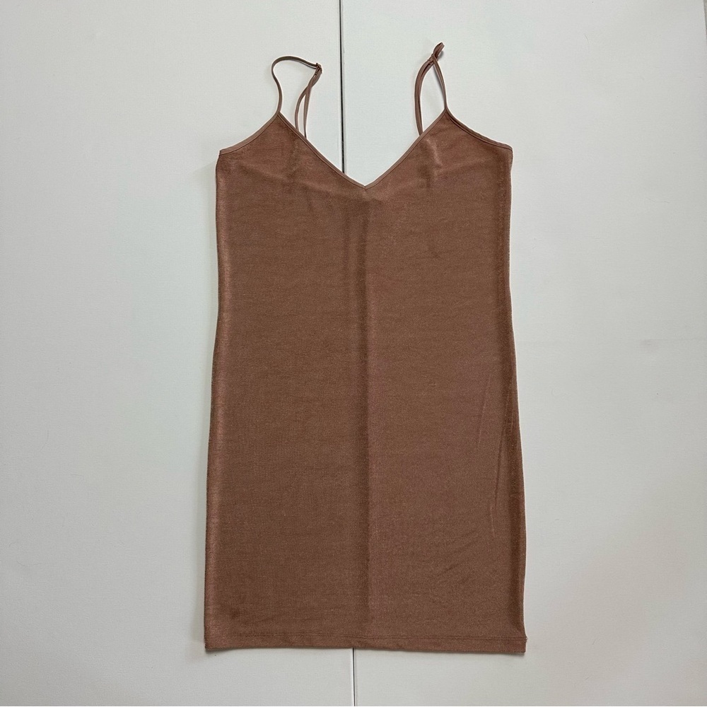 Zara Tan Silky Spaghetti Adjustable Strap Dress V-neckline Women Small - Picture 5 of 10